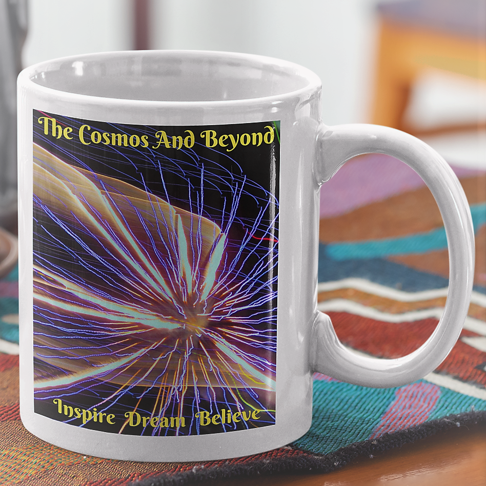 the Cosmos and beyond coffee mug, outer space mug, stars, fireworks