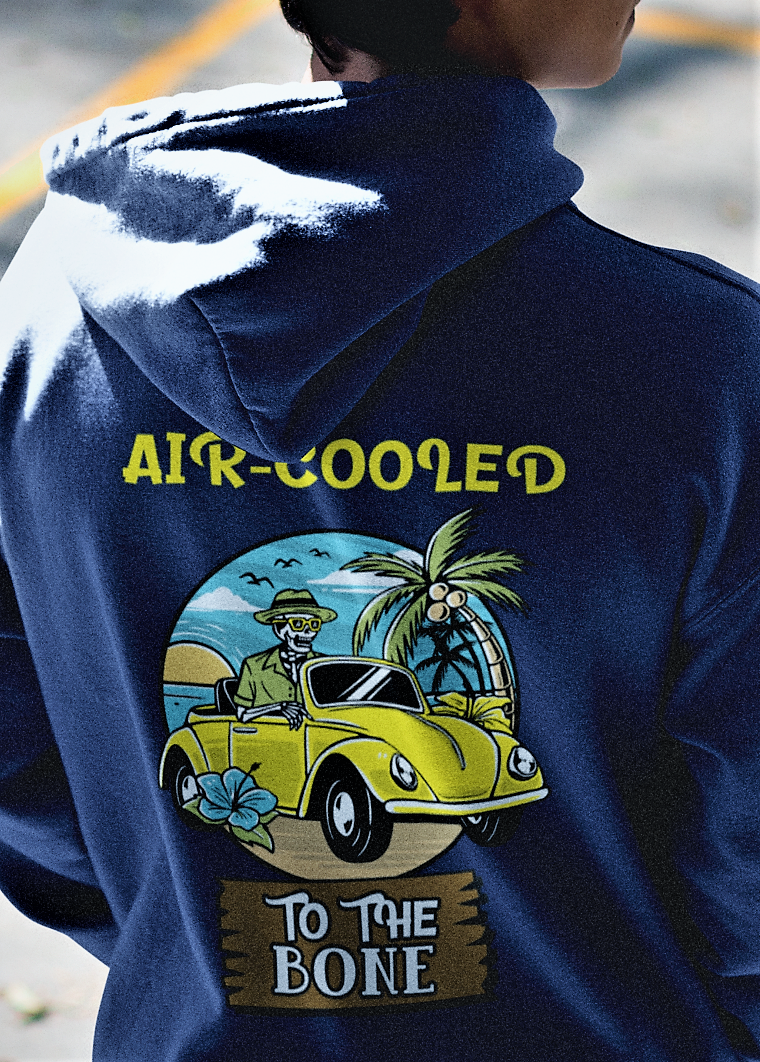 navy blue hoodie with air-cooled to the bone printed on back with skeleton driving a VW beetle