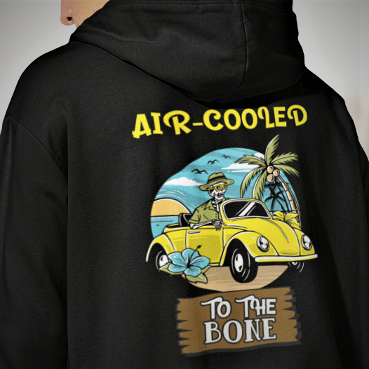 black hoodie with air-cooled to the bone printed on back with skeleton driving a VW beetle