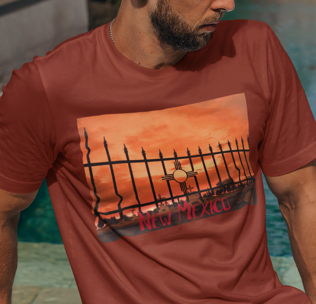 New Mexico Zia on cemetery fence at sunset T-shirt tee gift