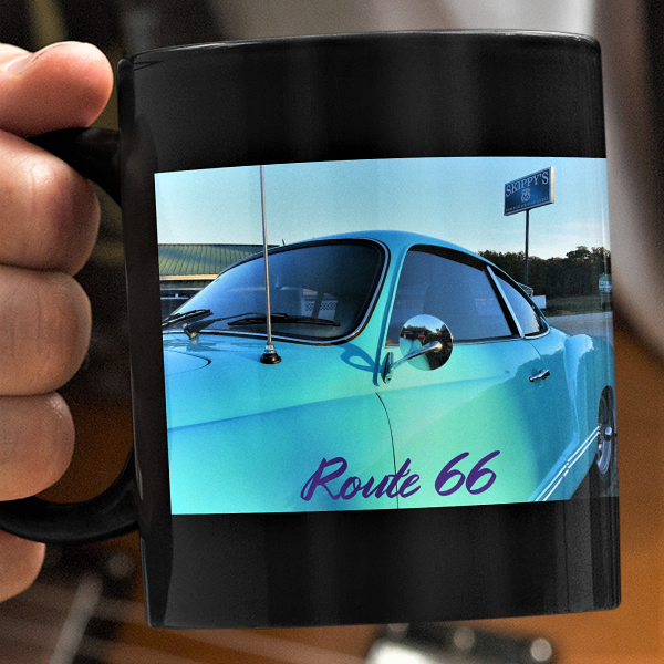 VW mug - Route 66 coffee mug - Karmann Ghia Volkswagen at Skippy's on Route 66 The Mother Road