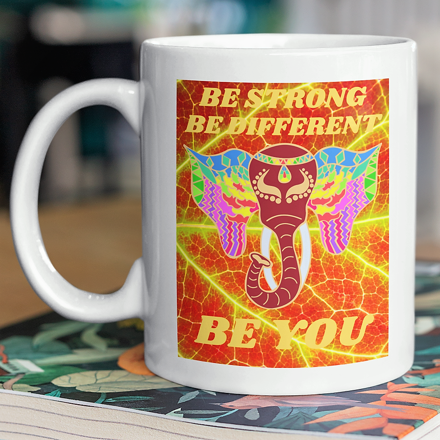 white coffee mug with colorful india elephant with printed message Be Strong Be Different BE YOU