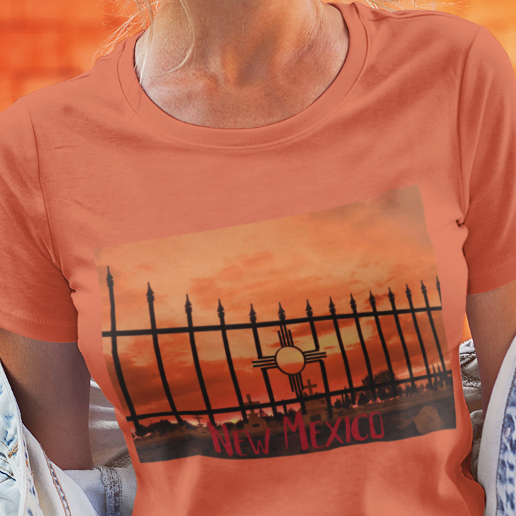 New Mexico Zia on cemetery fence at sunset T-shirt unique gift