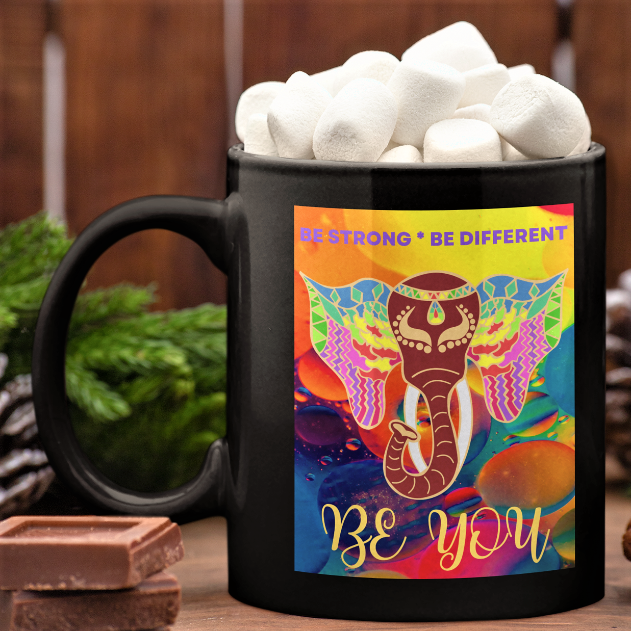 Christmas coffee mug, colorful elephant gift, the cosmos and beyond, india elephant