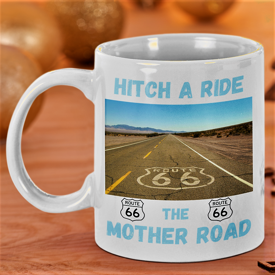 Hitch a ride, the mother road, us route 66 coffee mug, get your kicks on route 66, Route 66 souvenir mug, i love route 66, route 66 emblem