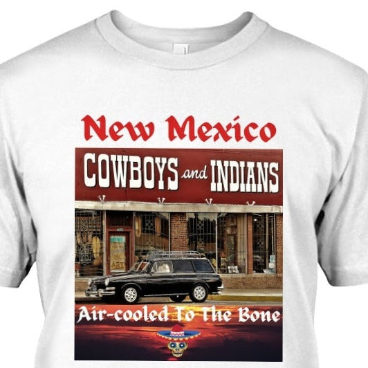 New Mexico t-shirt, air cooled to the bone tee, cowboys and indians, Albuquerque NM, VW squareback shirt, Volkswagen skull t-shirt, Central Avenue Albuquerque, VW lover enthusiast