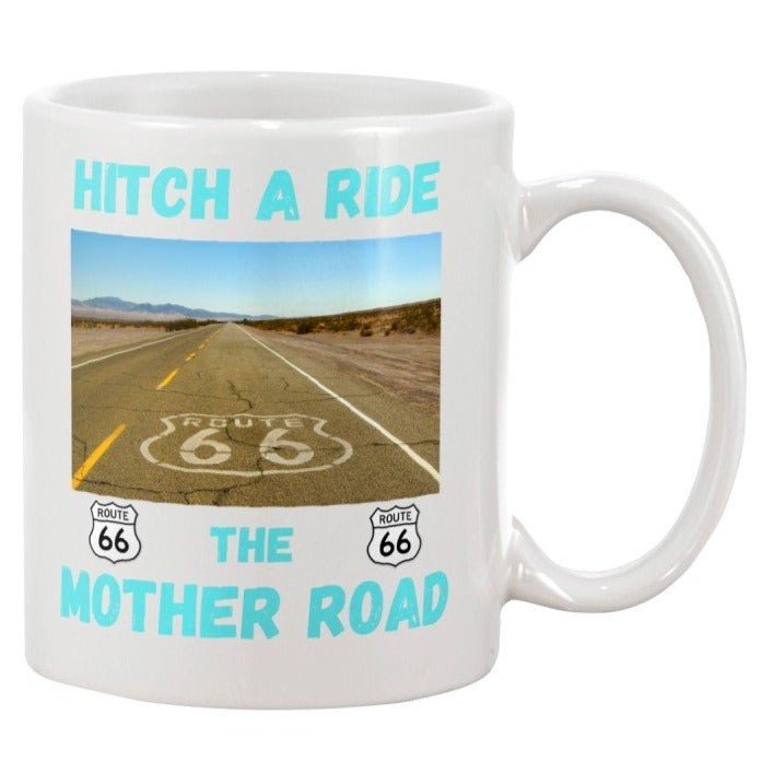 Hitch a ride, the mother road, us route 66 coffee mug, get your kicks on route 66, Route 66 souvenir mug, i love route 66, route 66 emblem