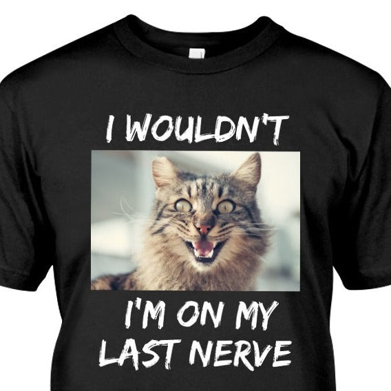 black t-shirt with frazzled cat picture with phrase I Wouldn't, I'm on my last nerve