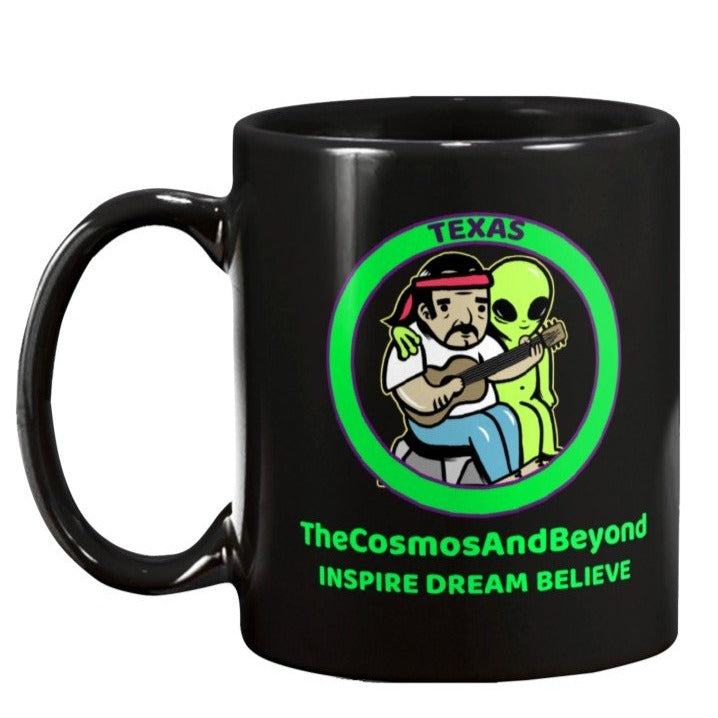 TEXAS coffee mug, alien guitar player musician, the cosmos and beyond inspire dream believe