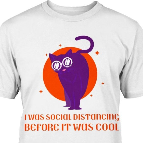 I was social distancing before it was cool purple black cat t-shirt halloween