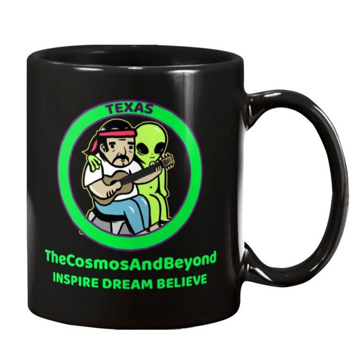 TEXAS coffee mug, alien guitar player, the cosmos and beyond inspire dream believe