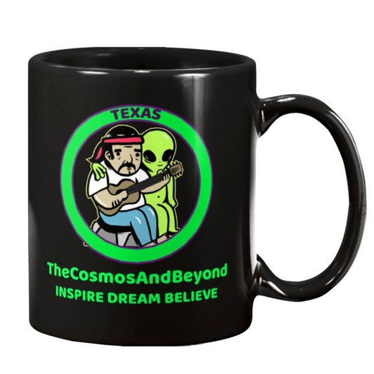 TEXAS coffee mug, alien guitar player, the cosmos and beyond inspire dream believe
