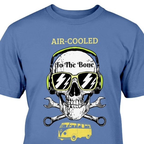 air cooled to the bone, VW shirt, Volkswagen fan enthusiast gift, VW t-shirt, skull and headphones VW club, VW beetle bus