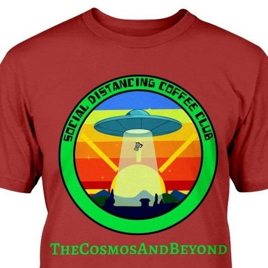 Social Distancing Coffee Club The Cosmos And Beyond with coffee pot ascending to UFO T-shirt
