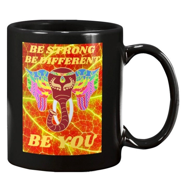 black coffee mug with colorful india elephant with printed message Be Strong Be Different BE YOU