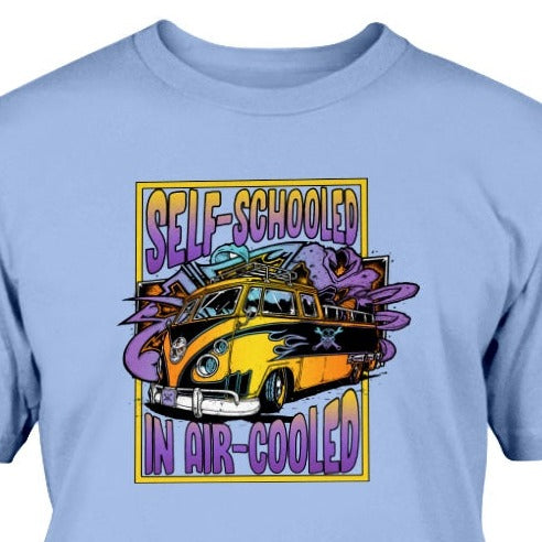 t-shirt with VW Bus pickup unique design titled SELF-SCHOOLED IN AIR-COOLED
