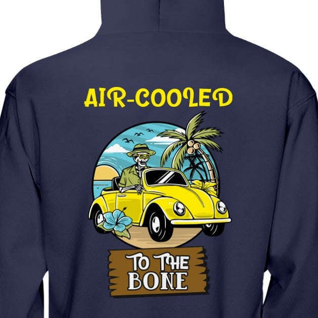 navy hoodie with air-cooled to the bone printed on back with skeleton driving a VW beetle