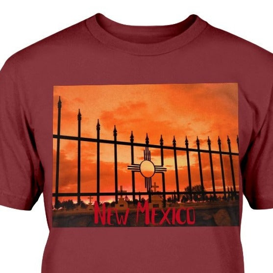 New Mexico Zia on Hurley NM cemetery fence at sunset T-shirt