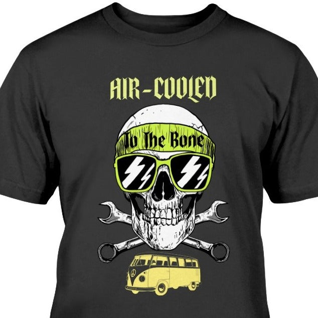VW Volkswagen Bus t-shirt AIR-COOLED TO THE BONE Skull w/bandana and bus Gildan Tee