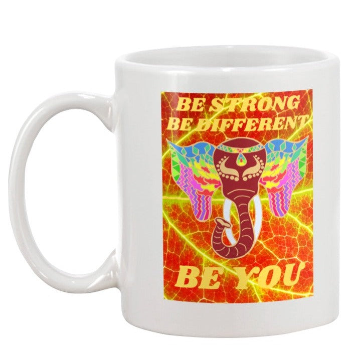 white coffee mug with colorful india elephant with printed message Be Strong Be Different BE YOU