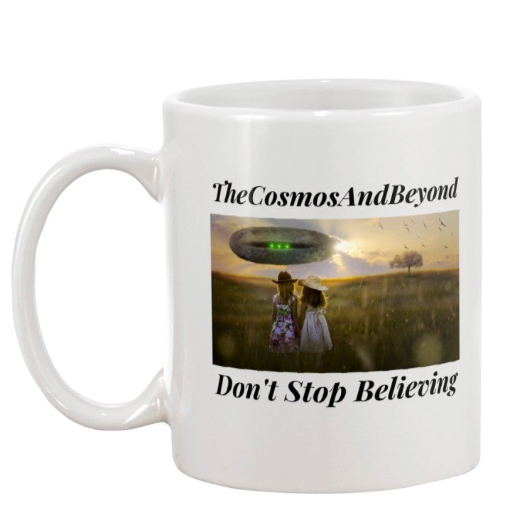The Cosmos And Beyond alien coffee mug, girl in cowboy hats outfits, UFO witness, alien believer gift, outer space mug, Roswell NM, flying saucers, alien spaceship, alien abduction, life on other planets, cool gift for Mom