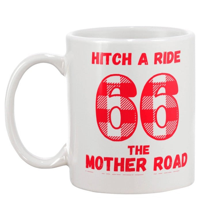 Hitch a ride coffee mug, route 66 coffee mug, the mother road mug, motorcycle harley davidson mug, route 66 in new mexico, travel on route 66, john steinbeck grapes of wrath, route 66 santa monica