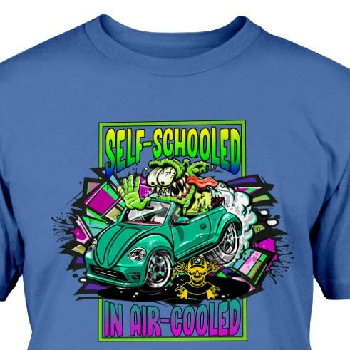 t-shirt with VW BEETLE pickup unique design titled SELF-SCHOOLED IN AIR-COOLED