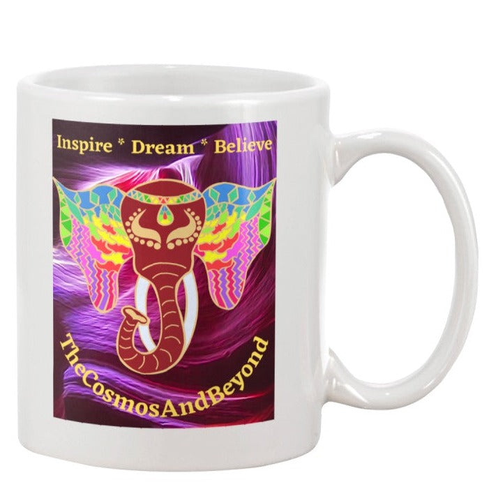 inspirational elephant coffee mug, inspire dream believe mug, the cosmos and beyond mug, inspiring message mug, indian elephant design