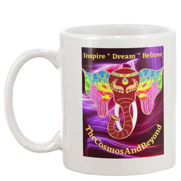 inspirational elephant coffee mug, inspire dream believe mug, the cosmos and beyond mug, inspiring message mug, indian elephant design