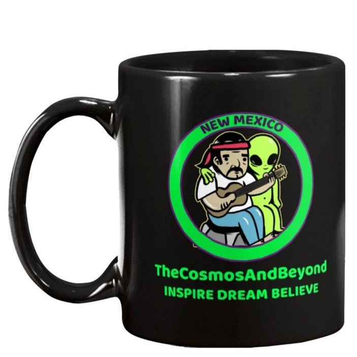New Mexico coffee mug, New Mexico music, musician, guitar playing aliens, the cosmos