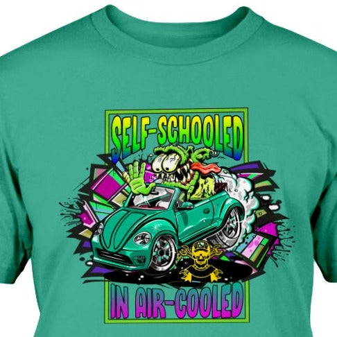 t-shirt with VW BEETLE pickup unique design titled SELF-SCHOOLED IN AIR-COOLED