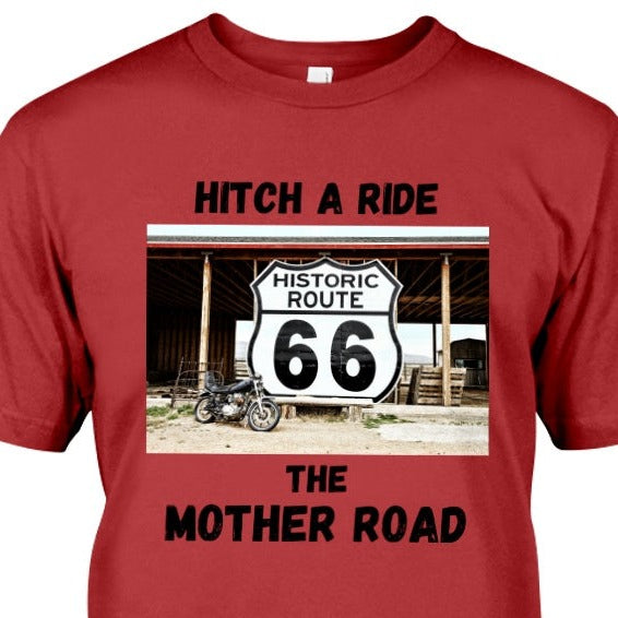 Hitch a ride t-shirt, route 66 t-shirt, the mother road t-shirt, motorcycle harley davidson shirt, route 66 in new mexico, travel on route 66, john steinbeck grapes of wrath, route 66 santa monica