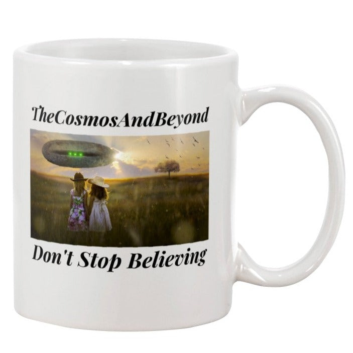 The Cosmos And Beyond alien coffee mug, girl in cowboy hats outfits, UFO witness, alien believer gift, outer space mug, Roswell NM, flying saucers, alien spaceship, alien abduction, life on other planets, cool gift for Mom
