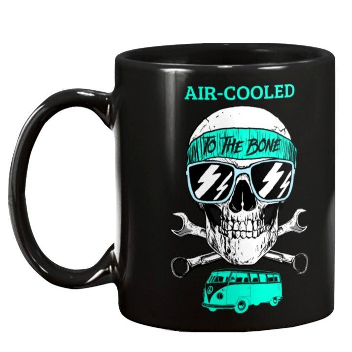 AIR-COOLED TO THE BONE Skull w/bandana and bus VW Volkswagen coffee mug tools how to keep your alive