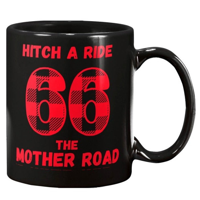 Hitch a ride coffee mug, route 66 coffee mug, the mother road mug, motorcycle harley davidson mug, route 66 in new mexico, travel on route 66, john steinbeck grapes of wrath, route 66 santa monica