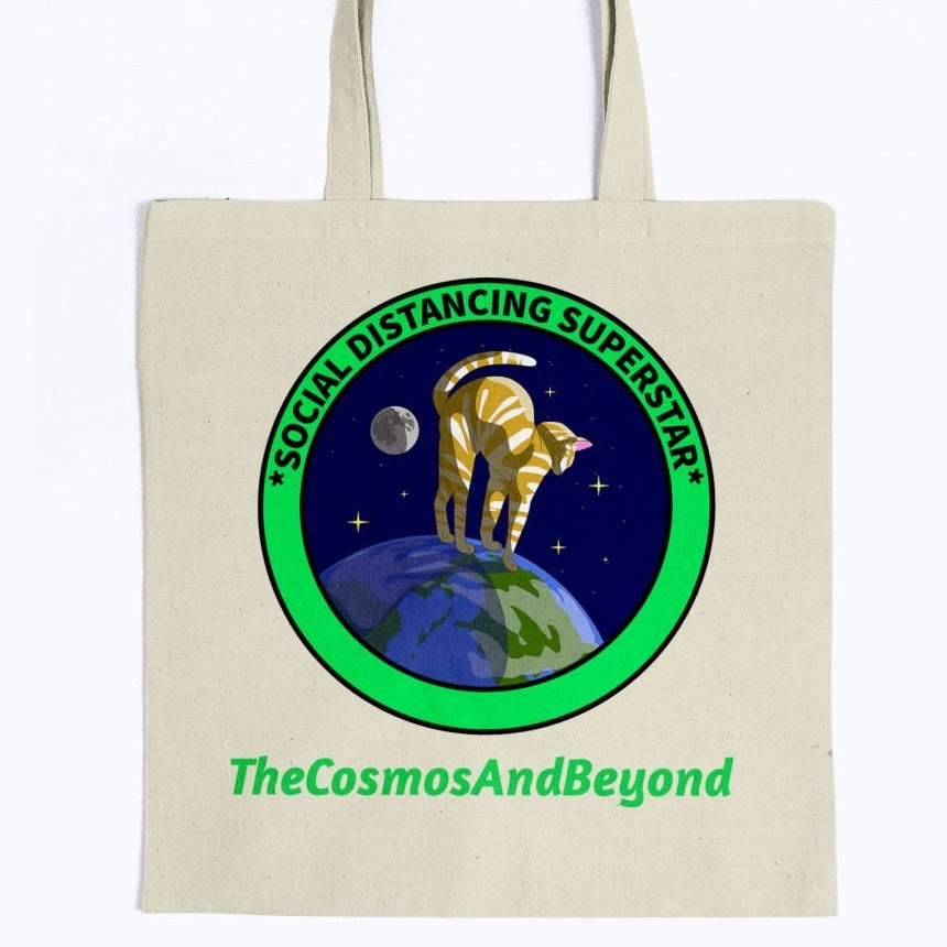 cat tote bag, the cosmos and beyond, cat in space, social distancing cat, cat videos