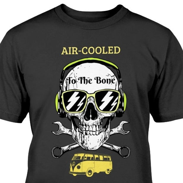 air cooled to the bone, VW shirt, Volkswagen fan enthusiast gift, VW t-shirt, skull and headphones VW club, VW beetle bus