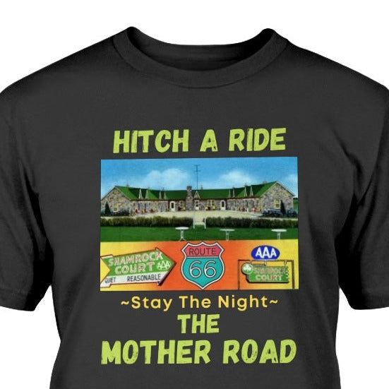 Route 66 t-shirt, Shamrock motel, the mother road