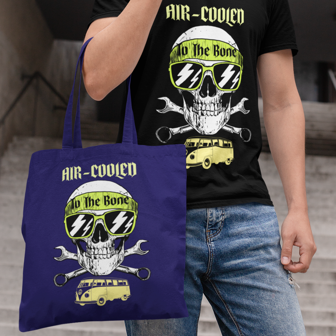 VW Bus Volkswagen tote bag AIR-COOLED TO THE BONE Skull w/bandana & Bus Canvas Tote volkswagen enthusiast gift