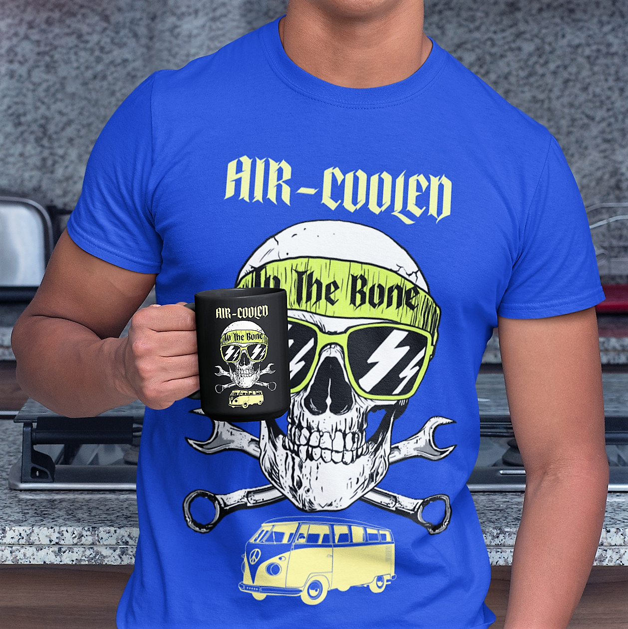 VW Volkswagen Bus tee AIR-COOLED TO THE BONE Skull  T- Shirt
